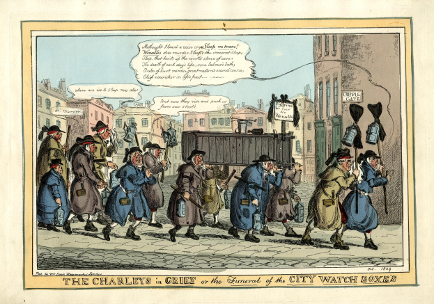 Ein Cartoon auf Papier, der eine Gruppe von Menschen zeigt, die eine Straße entlanggehen, einige halten Gegenstände, mit Gebäuden und Himmel im Hintergrund und Text unten, der lautet "Die Charlies in Trauer oder das Begräbnis der Stadtwache-Kästen."