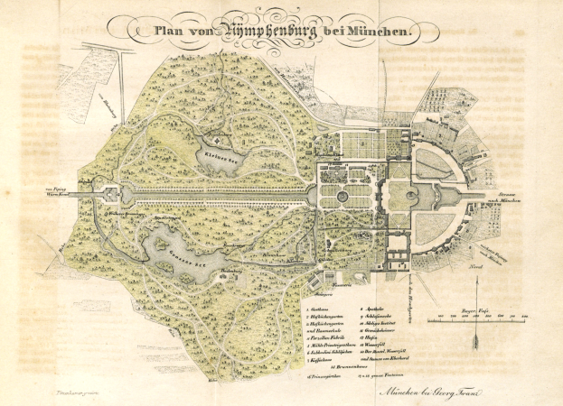 Ein alter Stadtplan von München, Deutschland, mit einem detaillierten Plan eines Parks und begleitendem Text, der das Layout des Parks beschreibt.