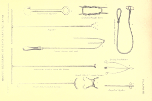 Schwarze und weiße Linienzeichnung von chirurgischen Instrumenten, darunter eine Nadel, einen Faden und andere Werkzeuge, begleitet von Text.
