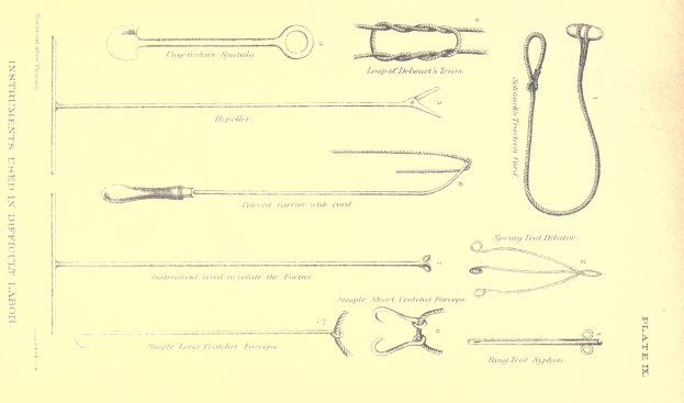 Schwarze und weiße Linienzeichnung von chirurgischen Instrumenten, darunter eine Nadel, einen Faden und andere Werkzeuge, begleitet von Text.