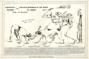 Ein Vintage-Stil-Papier mit einem gedämpften Blau- und Grau-Farbschema zeigt eine Zeichnung von zwei Hunden, die einen Skelett flankieren, mit der Schrift "Der wilde Jagdhund des Mülls bei der Arbeit" in fetter Schrift.