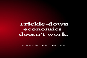 Plakat mit fetter, schwarzer Schrift auf weißem Hintergrund, eingerahmt von einem dünnen schwarzen Rand, das 'Trickle-Down-Economics Works Not' und einen Zitat von Präsident Biden enthält.
