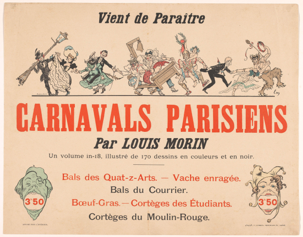 Ein Blatt mit der Überschrift "Carnivals Parisiens par Louis Morin" in fetter Schrift, das lebendige Illustrationen von Menschen in bunten Kostümen und Masken bei einer fröhlichen Karnevalsszene zeigt.
