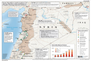 Ein Plakat mit einer Karte von Syrien, auf der Daten über Binnenvertriebene aufgrund von Gewalt angezeigt werden, begleitet von Text und Graphiken.