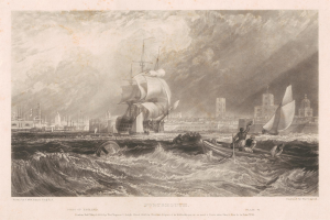 Eine Gravur eines Schiffs, das in der Nähe von Portsmouth, England, auf dem Ozean segelt, mit Menschen an Bord, Gebäuden im Hintergrund und einem bewölkten Himmel, betitelt mit "Portsmouth, England von Thomas Rowlandson".