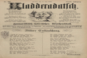 Ein altes Buch mit dem Titelblatt der deutschen Zeitung Kladerradath von 1866, das eine Zeichnung eines Mannes zeigt, wahrscheinlich einen Clown, mit einem verschmitzten Gesichtsausdruck, umgeben von Text.