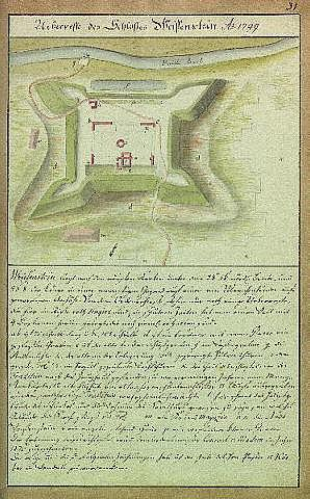 Ein alter Stadtplan von Stuttgart, Deutschland, mit einer zentralen Illustration einer Burg und beschreibendem Text zu ihrer Größe, Lage und Merkmalen.