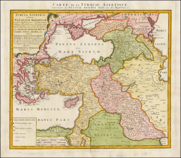 Ein gerahmtes Poster einer Karte von Türkei und dem Mittelmeer mit darauf geschriebenem Text im klassischen Stil.