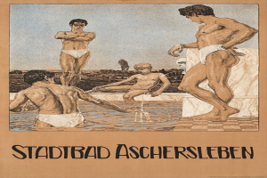 Plakat für ein Schwimmbad in Aschersleben, Deutschland, das Menschen im Wasser zeigt, darunter einen Sitzenden, und Text mit Informationen zum Bad.