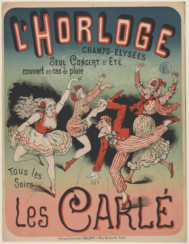Plakat für ein Konzert im Chorlage in Paris mit einer Gruppe von Menschen in bunten Kostümen, die mit strahlenden Gesichtern tanzen, vor einem gelben Hintergrund.