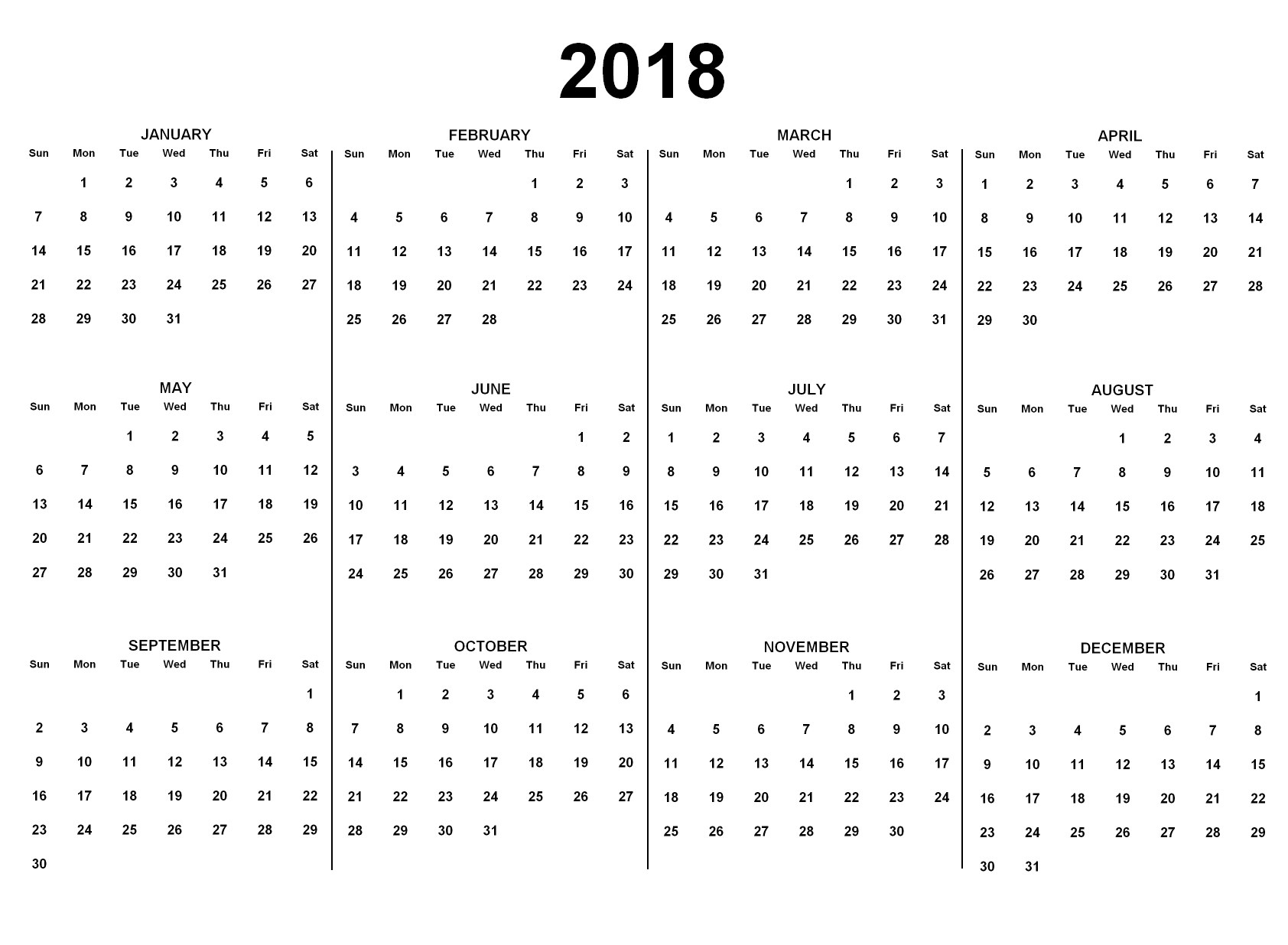 Schwarzer und weißer 2018 Kalender mit U.S.-Feiertagen in fetter schwarzer Schrift auf weißem Hintergrund, mit wöchentlichen Zeilen.