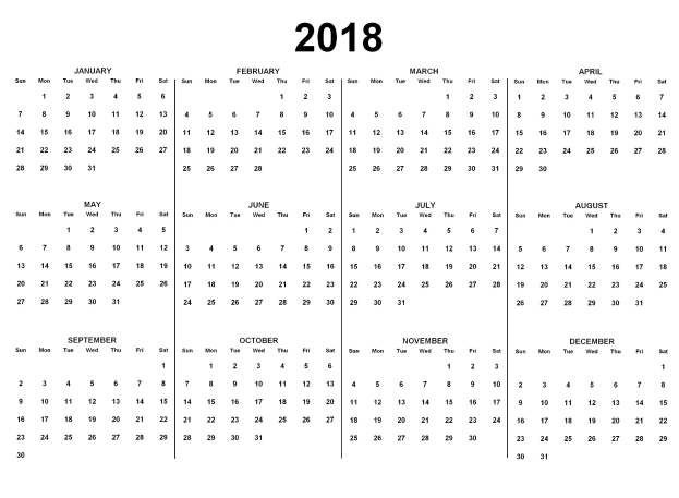 Schwarzer und weißer 2018 Kalender mit U.S.-Feiertagen in fetter schwarzer Schrift auf weißem Hintergrund, mit wöchentlichen Zeilen.