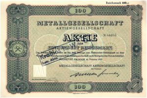 Deutsche 100 Reichsmark-Banknote von 1933 mit der Aufschrift "Metallgesellschaft Aktie".
