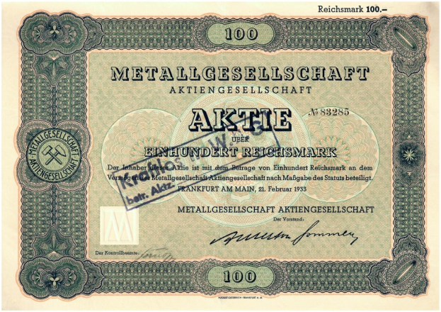 Deutsche 100 Reichsmark-Banknote von 1933 mit der Aufschrift "Metallgesellschaft Aktie".