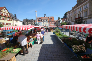 Ein belebter Markt im alten Stadtzentrum von Heidelberg mit Menschen, die spazieren gehen, auf Bänken sitzen und in der Nähe von Zelten stehen, mit Gemüsekörben auf Tischen, Gebäuden mit Fenstern, Bäumen und einem klaren blauen Himmel.