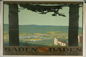 Ein Plakat an einer Gebäudewand in Baden-Württemberg, Deutschland, das eine Landschaft mit Hügeln, grünen Bäumen und einem blauen Himmel zeigt, mit der Aufschrift "Baden Baden".