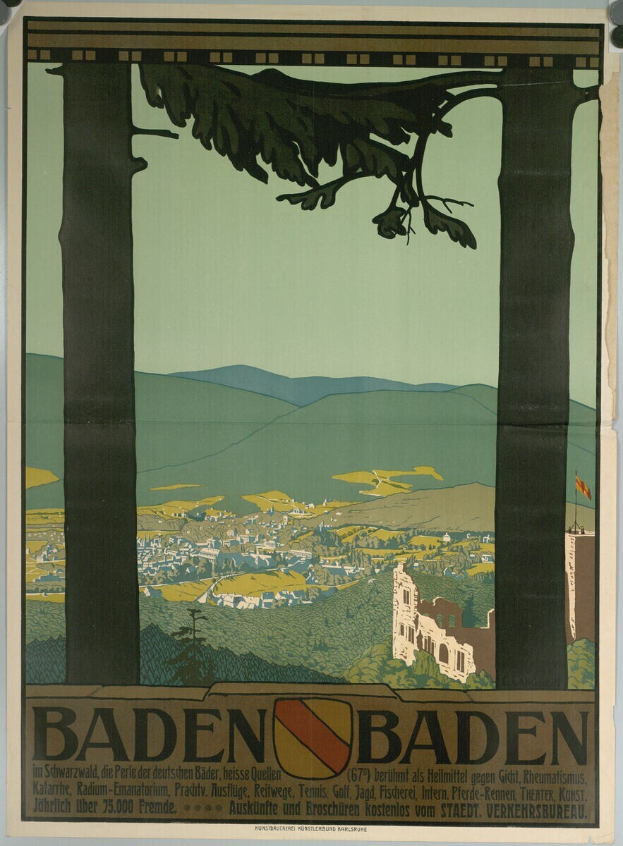 Ein Plakat an einer Gebäudewand in Baden-Württemberg, Deutschland, das eine Landschaft mit Hügeln, grünen Bäumen und einem blauen Himmel zeigt, mit der Aufschrift "Baden Baden".