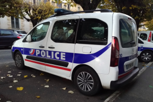 Polizeifahrzeug auf einer städtischen Straße mit Gebäuden, Bäumen und abgefallenen Blättern geparkt.