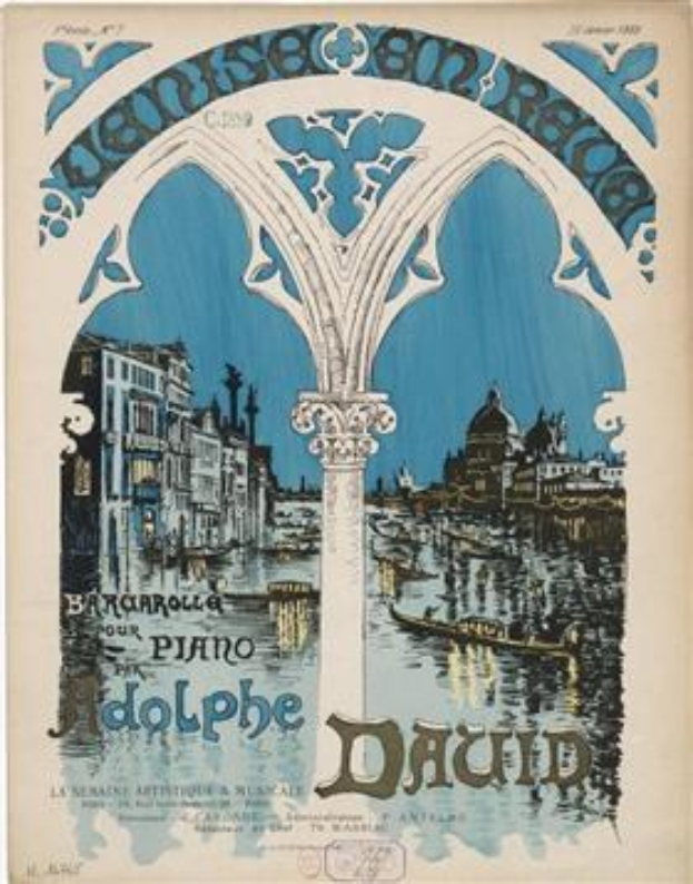Plakat, das ein Klavierkonzert in Venedig, Italien, ankündigt, mit einem Bild von Gebäuden, Wasser und einer Säule.