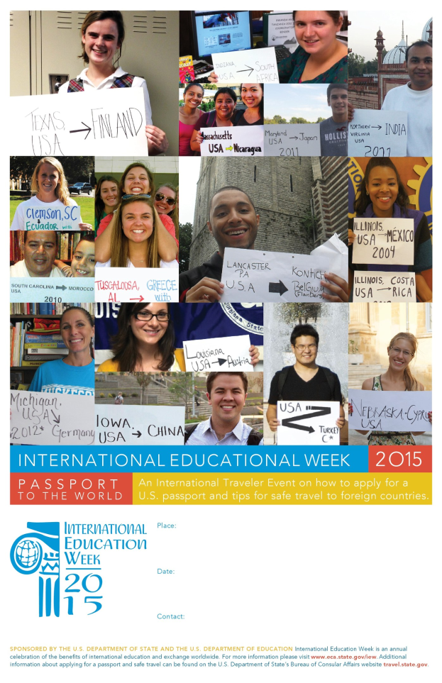 Internationaler Bildungswoche 2015 Plakat zeigt eine Gruppe von Menschen, die strahlen und Schilder halten, mit Text, der Informationen zum Event enthält.