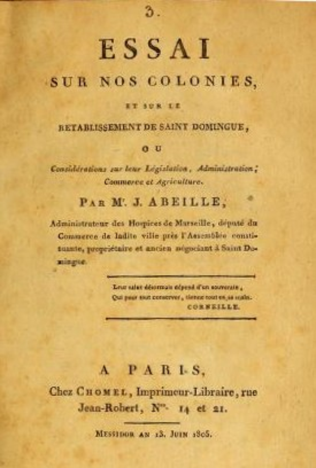 Altes Buch mit dem Titel "Essai sur nos Colonies, et sur l'Établissement de Saint-Domingue", das die französische Kolonialgeschichte und die Sitten von Saint-Domingue behandelt.
