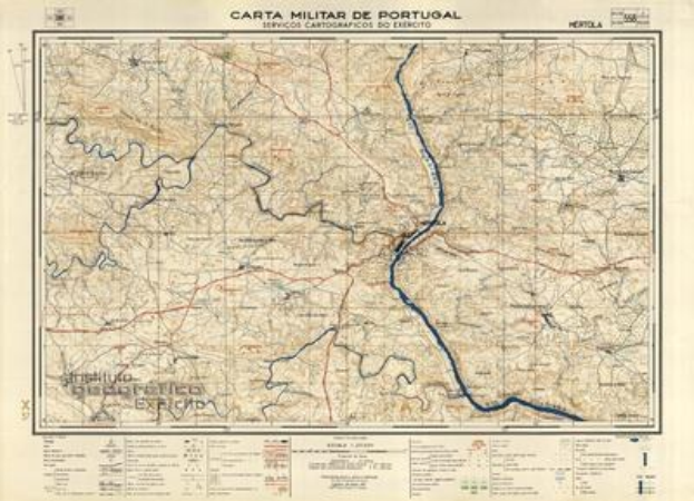 Detailierte Carta Militar de Portugal-Karte, die Straßen, Flüsse und geografische Merkmale zeigt, mit Text oben und unten.