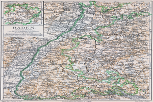 Eine alte Karte von Baden-Württemberg, Deutschland, die Straßen, Städte und geografische Merkmale zeigt, mit Text oben und unten.