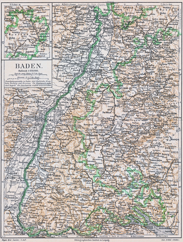Eine alte Karte von Baden-Württemberg, Deutschland, die Straßen, Städte und geografische Merkmale zeigt, mit Text oben und unten.