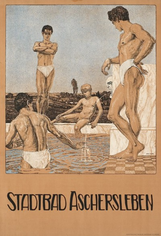 Plakat, das ein Schwimmbad in Aschersleben, Deutschland, zeigt, mit Menschen im Wasser und einem sitzenden Menschen sowie Text, der Details über die Ausstattung des Pools bietet.