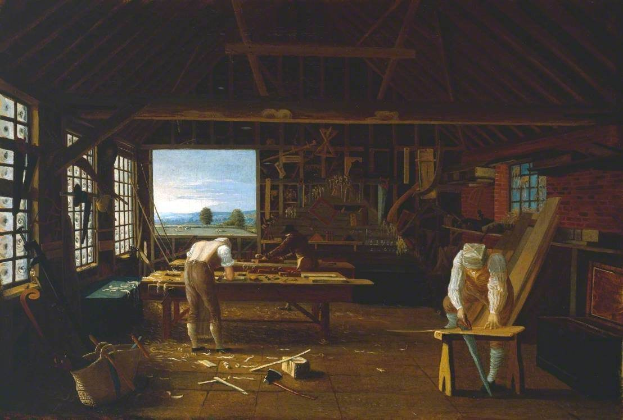 Gemälde mit dem Titel "Die Schreinerwerkstatt" von William Hogarth, das zwei Männer bei der Arbeit in einer Werkstatt zeigt, mit einem Tisch voller Werkzeuge und anderen Gegenständen in der Mitte des Raums, Fenstern auf der linken und rechten Seite und einem Hintergrund aus Bäumen, Bergen und Himmel.