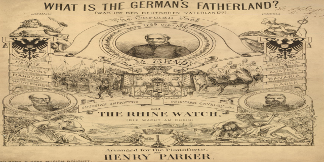 Eine Zeitung mit Bildern von Menschen und dem Text "Was ist das Vaterland der Deutschen? Die Rheinwacht von Henry Parker".
