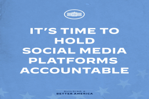 Ein Plakat mit fetter schwarzer Schrift auf weißem Hintergrund, das "Es ist an der Zeit, soziale Medien-Plattformen zur Rechenschaft zu ziehen" zeigt, eingerahmt von einem dünnen schwarzen Rand.