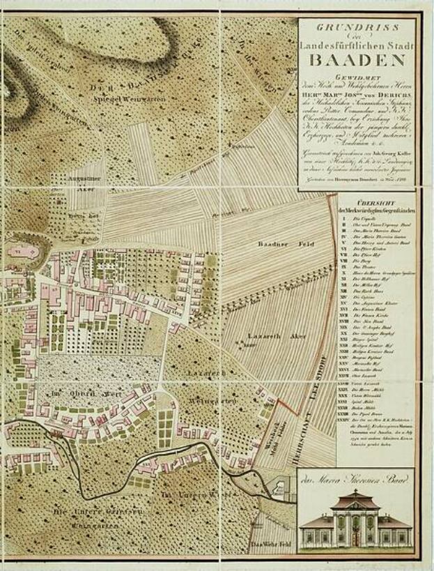 Ein detailliertes altes Stadtplan von Baden-Württemberg, Deutschland, der Straßen, Gebäude und Sehenswürdigkeiten zeigt, mit einem Gebäude in der rechten unteren Ecke und Text, der Informationen über die Stadt enthält.