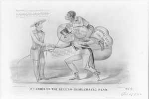 Ein Schwarz-Weiß-Kartoon auf einem Blatt Papier, der zwei Männer beim Handschlag zeigt, wobei einer einen Rucksack trägt, mit der Aufschrift "Wiedervereinigung auf dem secesh-demokratischen Plan".