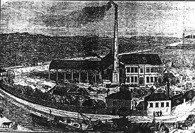 Eine Schwarz-Weiß-Zeichnung einer Fabrik inmitten eines Feldes mit Gebäuden, Bäumen und einem Mast im Vordergrund und einem Text am unteren Rand, der "The New York State Penitentiary" lautet.