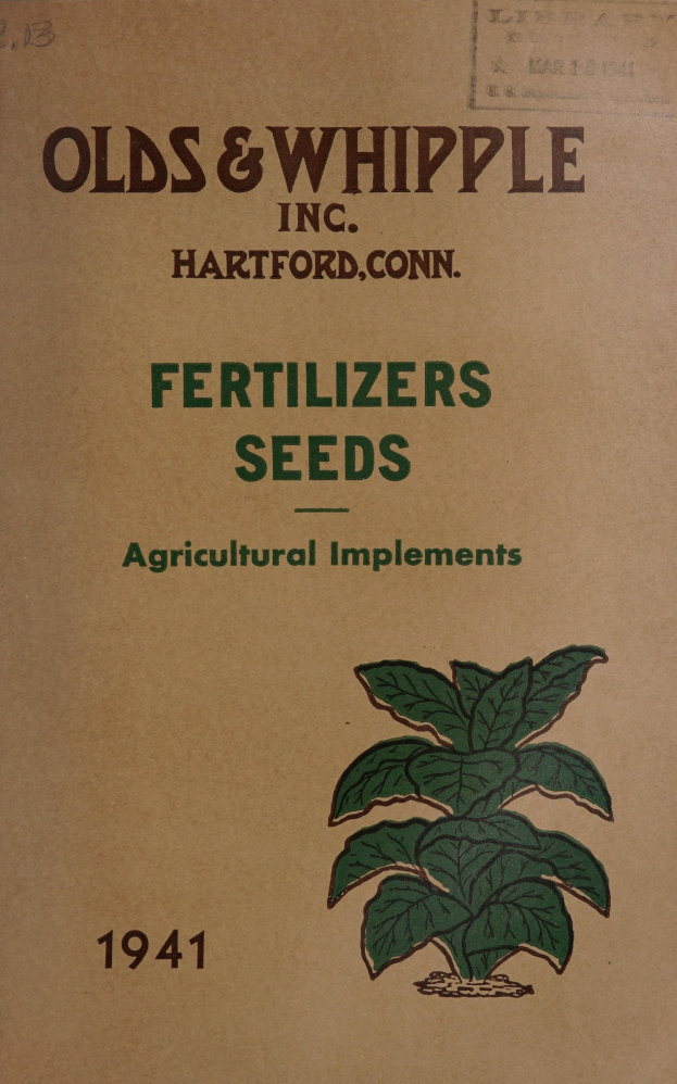 Alter Buchumschlag mit der Aufschrift "Düngemittel Saatgut Landwirtschaftliche Geräte 1941" mit einer Illustration einer grünen Pflanze mit Blättern und Stielen, eingerahmt von Weiß.