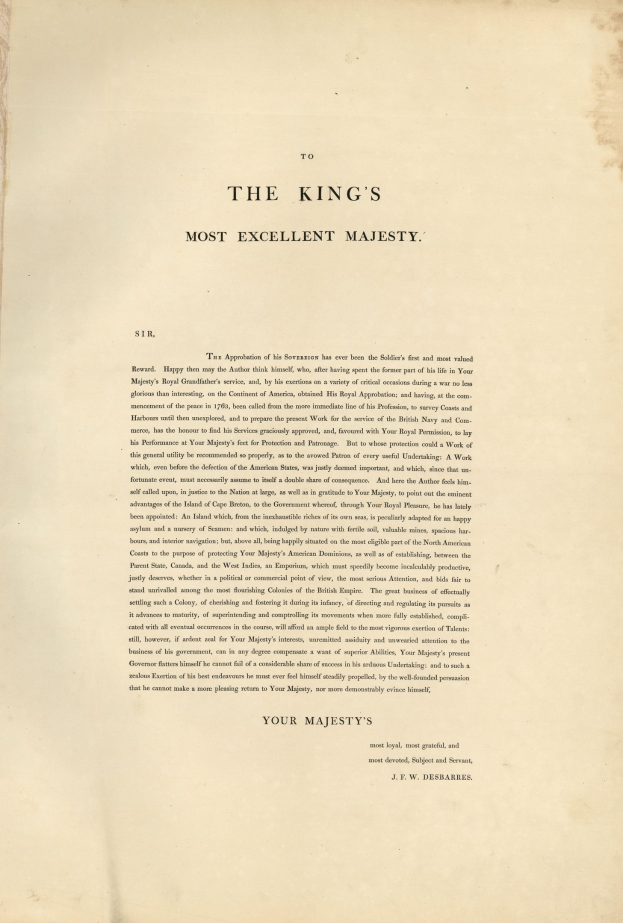 Offenes Buch mit der Aufschrift 'To the King's Most Excellent Majesty' in fetter schwarzer Schrift auf einem weißen Hintergrund, umrahmt von einem goldenen Rand.
