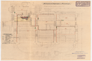Schwarz-weißes Architekturzeichnung des Rosenhof-Krankenhauses in Hamburg, Deutschland, zeigt detaillierten Aufbau mit zahlreichen Drähten, Zimmern, Fluren und Textanmerkungen auf altem Papier.