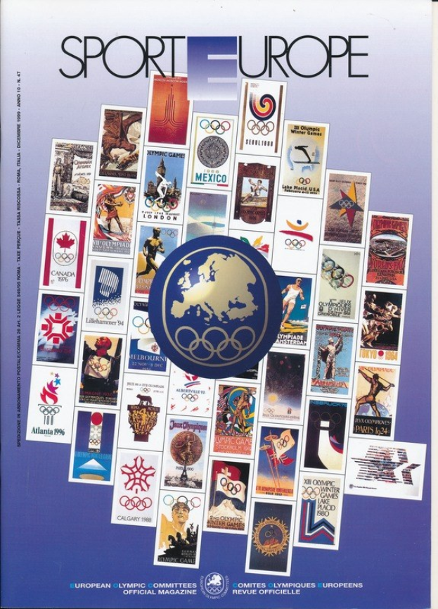 Buchumschlag mit dem Titel "Sporting Europe", der farbenfrohe Olympia-Spiele-Imagery und fette weiße Schrift enthält.