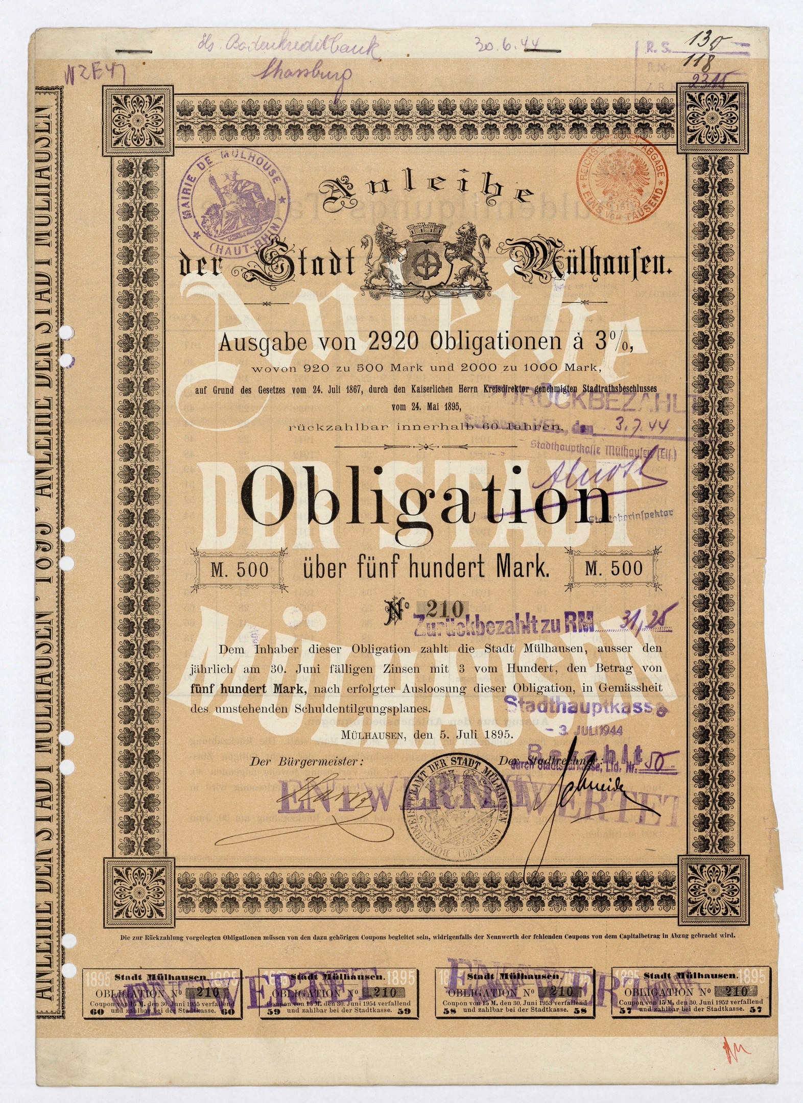 Altes deutsches Wertpapier mit Text und Stempeln auf einem weißen Hintergrund, das eine Verpflichtung angibt.