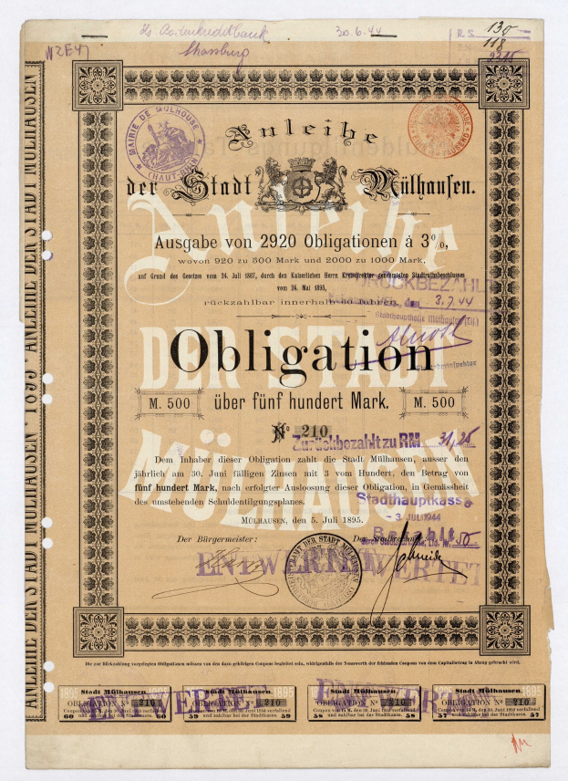 Altes deutsches Wertpapier mit Text und Stempeln auf einem weißen Hintergrund, das eine Verpflichtung angibt.