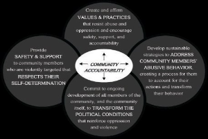 Ein Diagramm mit dem Titel "Gemeinschaftliche Rechenschaft" mit drei miteinander verbundenen Kreisen um einen zentralen Kreis, alles in leuchtenden Farben, mit fetter Schrift, die den Begriff betont.