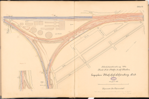Offenes Buch mit detaillierter Stadtkarte mit beschrifteten Straßen, Autobahnen, Gebäuden und Sehenswürdigkeiten.