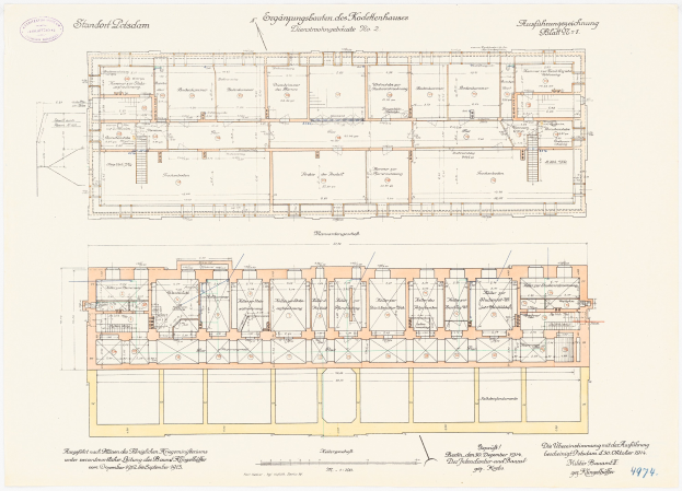 Ein detailliertes Grundriss-Zeichnung des Stadtplatz-Gebäudes in Dresden, Deutschland, das zahlreiche Räume zeigt, mit begleitendem Text, der den Aufbau beschreibt.