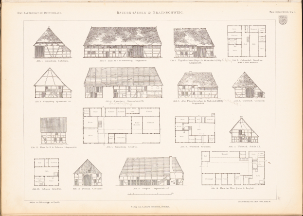 Ein offenes altes Buch mit Architekturhausplänen und detaillierten Zeichnungen und Begleittext.
