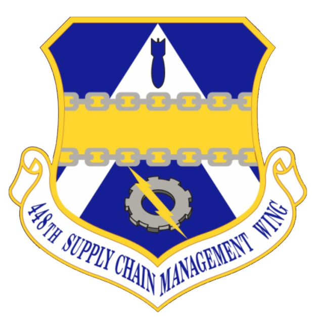 Logo der 48. Versorgungsmanagementstaffel mit einem blauen Schild mit einem weißen Stern, einem weißen Banner mit der Aufschrift "Versorgungsmanagement" in blau und schwarzem Text "48. Versorgungsmanagementstaffel" in fetter Schrift.