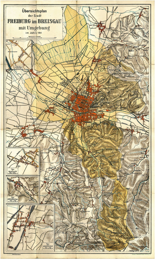 Detailiertes altes Stadtplan von Freiburg, Deutschland, mit Straßen, Gebäuden und Sehenswürdigkeiten, mit Text oben und unten auf dem Plakat.
