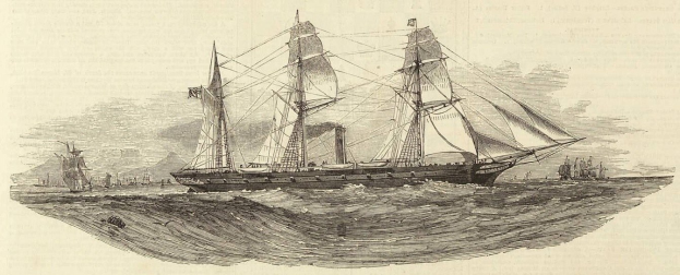 Gravur eines Segelschiffs mit geblähten Segeln, das auf dem Meer segelt, andere Schiffe im Hintergrund, Rumpf glänzt in der Sonne, mit Text unten.