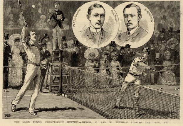 Schwarz-weiß-Zeichnung von zwei Männern, die auf einem Court mit einem Netz Tennis spielen, während eine Gruppe von Menschen im Hintergrund zuschaut, mit Text unten: "The Lawn Tennis Championship Meeting - Messers, E und W Renshaw spielen das entscheidende Satz."