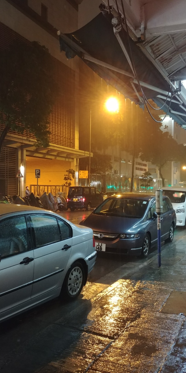Stadtstraße bei Nacht mit parkenden Autos, beleuchtet von Straßenlaternen, mit einem Van, Gebäuden und Bäumen im Hintergrund.